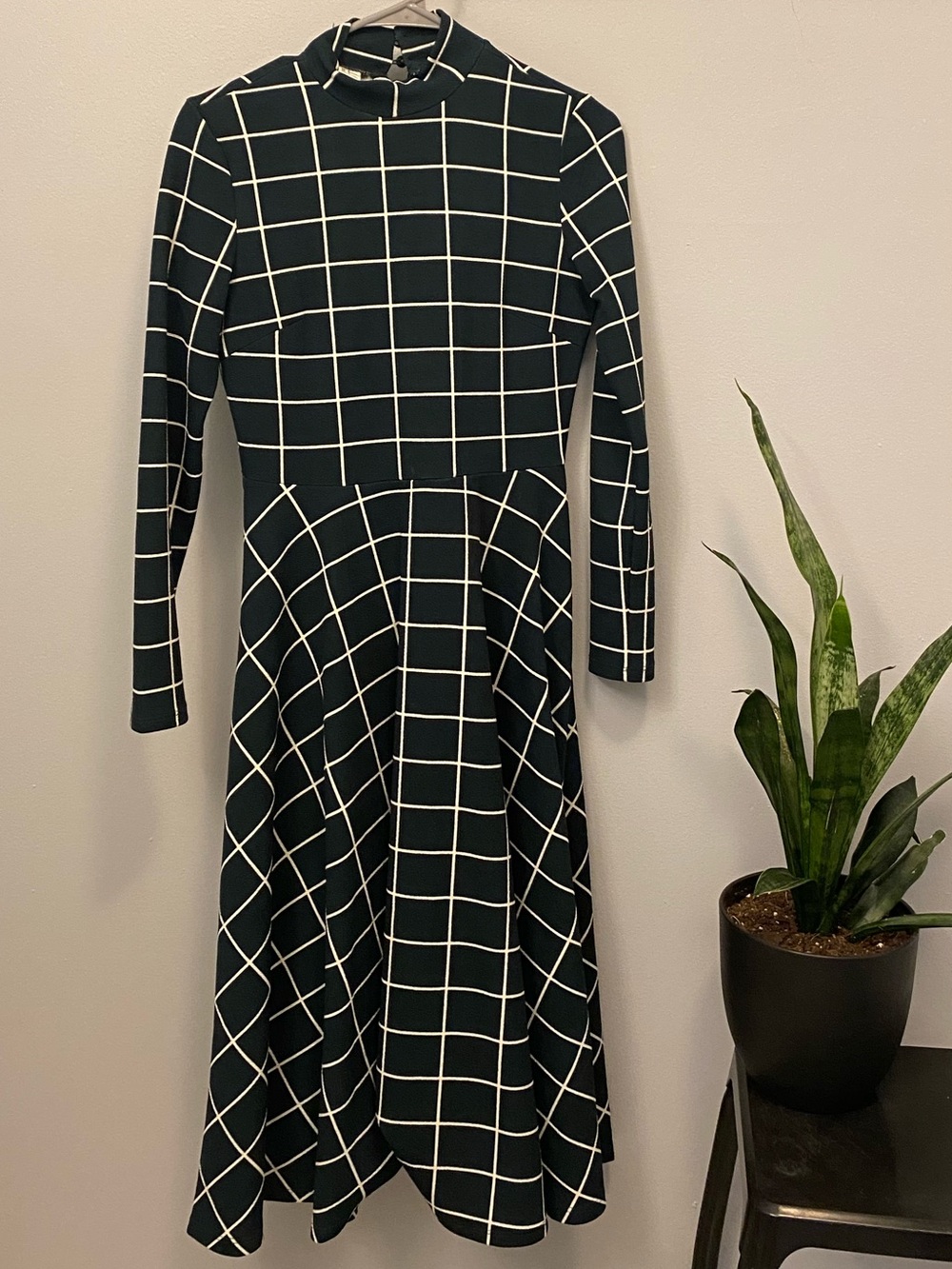 Women's Dark Green and White Midi Fit-&-Flare Dress